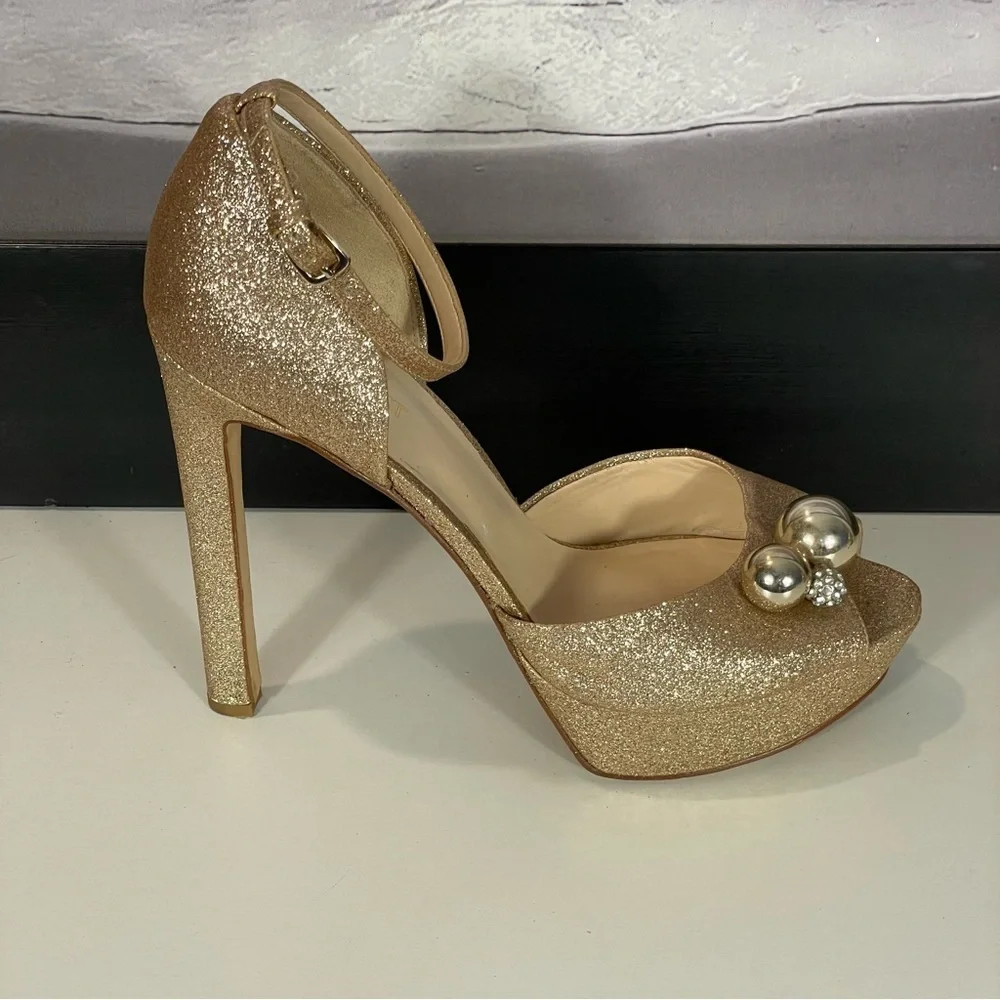 Nine West Gold Glitter Open Toe Platform Stiletto Ankle Strap Heel Shoe Sz 9